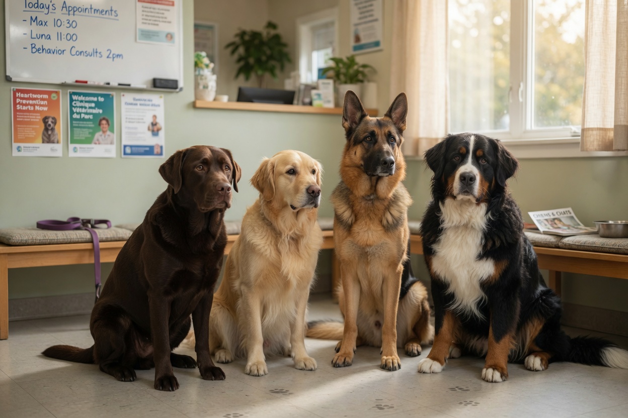 Four large dog breeds commonly affected by elbow dysplasia: Labrador Retriever, Golden Retriever, German Shepherd Dog, and Bernese Mountain Dog