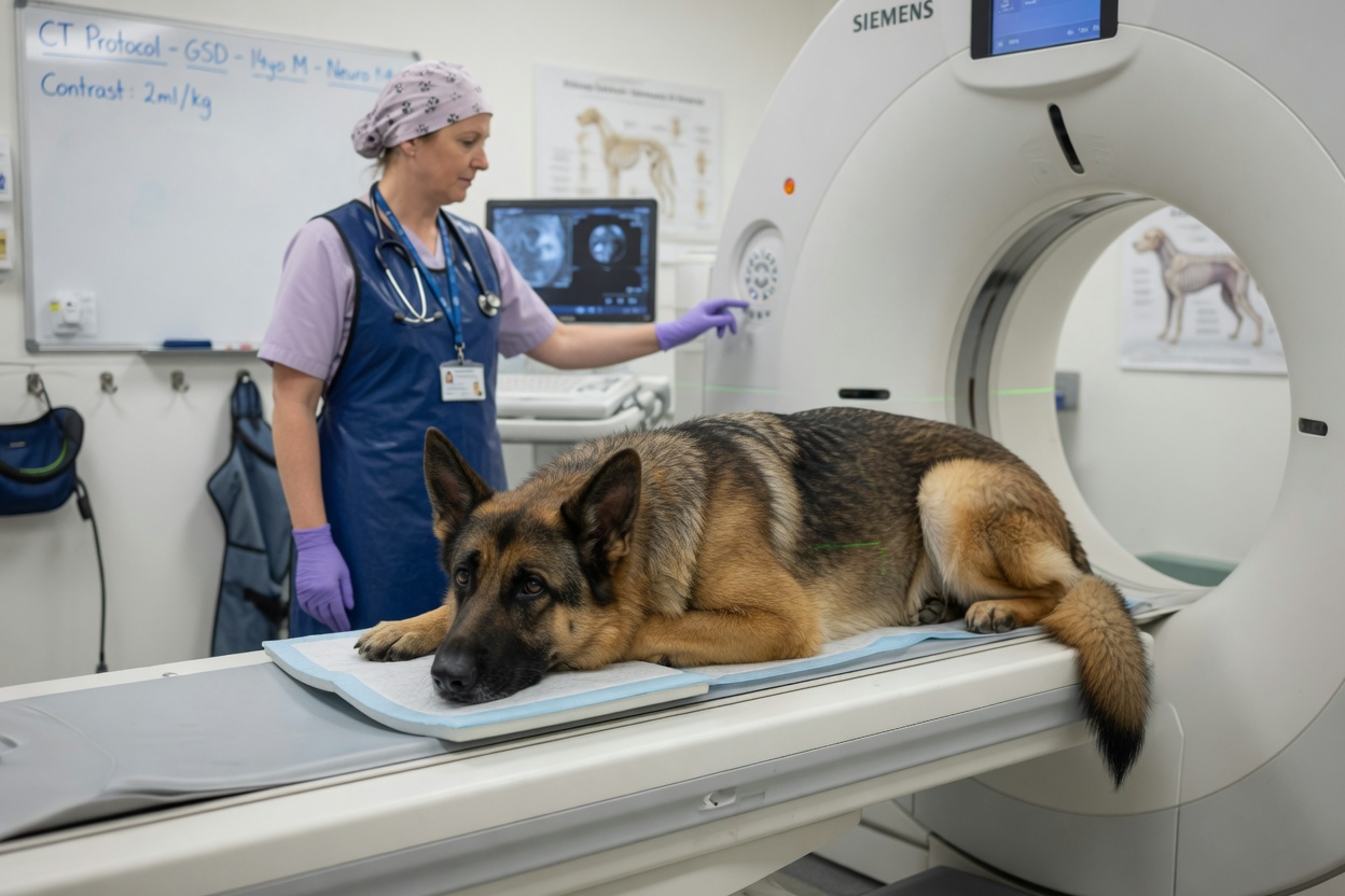 German Shepherd dog undergoing computed tomography scan for detailed three-dimensional elbow joint imaging and dysplasia diagnosis
