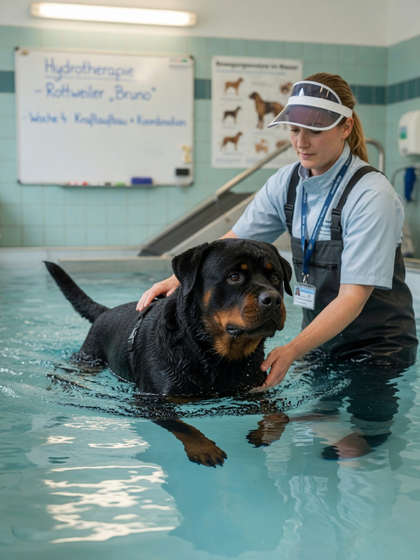 Rottweiler performing hydrotherapy in a veterinary rehabilitation pool under guidance of a canine physiotherapist for conservative elbow dysplasia management