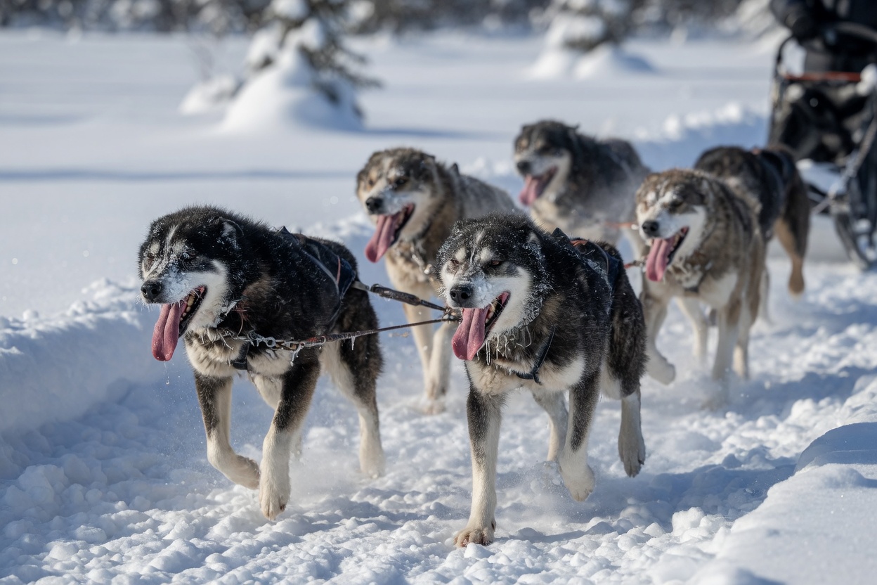 Cani da slitta che ansimano pesantemente durante l'esercizio strenuo in condizioni invernali