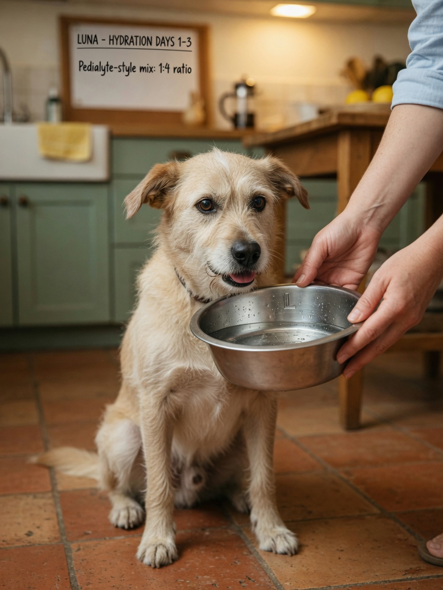 Cane vigile che beve soluzione di reidratazione con elettroliti da una ciotola durante l'assistenza domiciliare