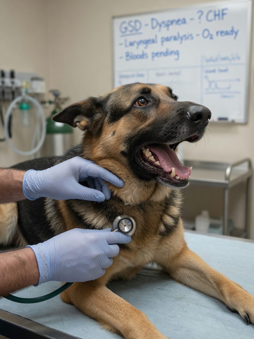 German Shepherd with breathing difficulty being examined by veterinarian with stethoscope