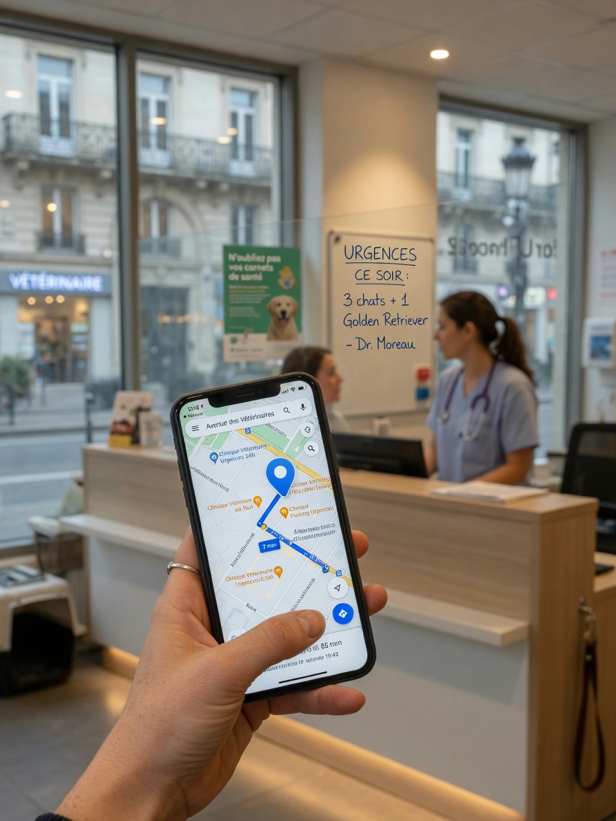 Pet owner using smartphone map to find emergency vet location in European clinic