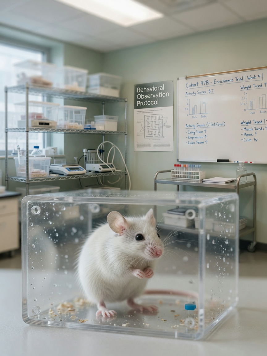 Laboratory mouse in controlled research setting, representing peer-reviewed animal studies on EMF exposure