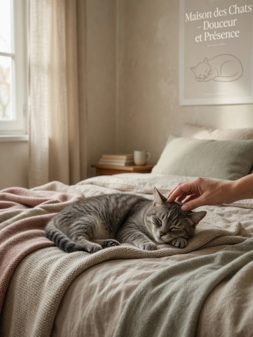 Elderly cat resting comfortably on soft bedding with owner gently grooming its head in a quiet, warm room
