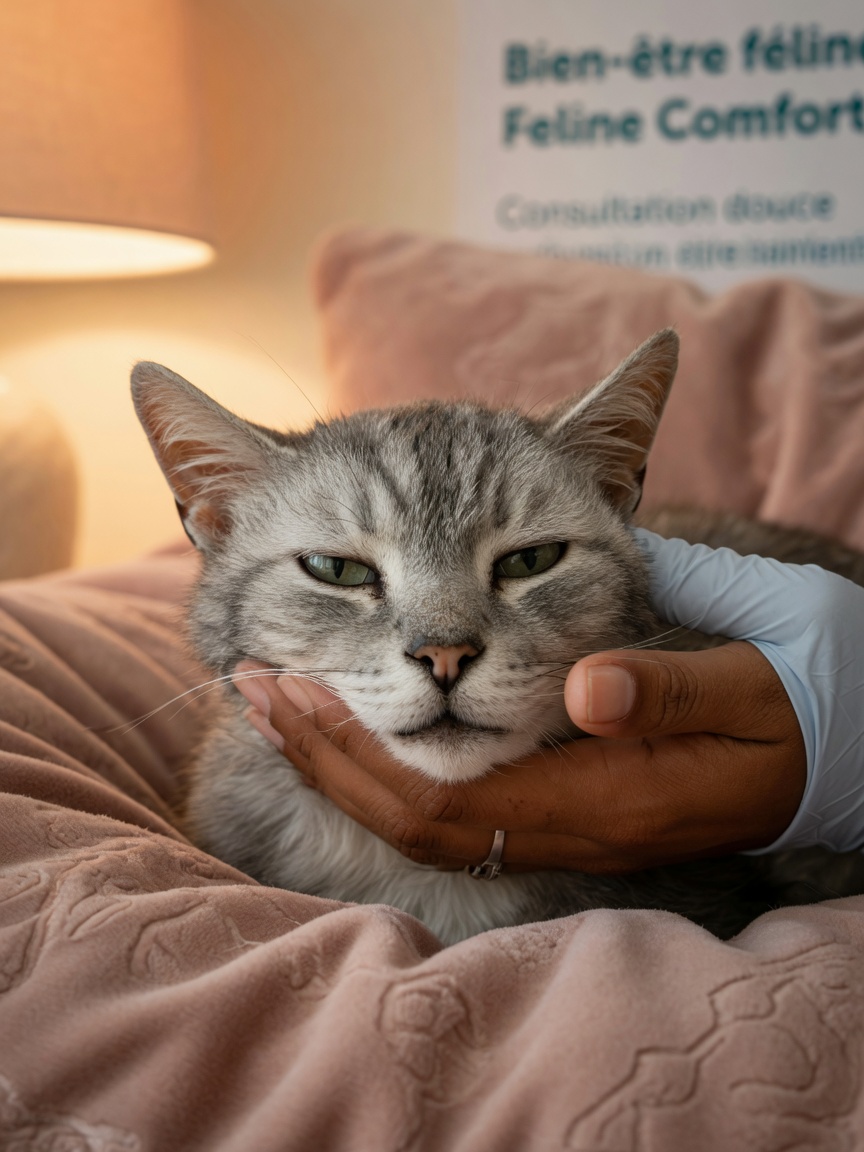 Closeup of senior cat's peaceful face during veterinary examination showing comfortable pain assessment