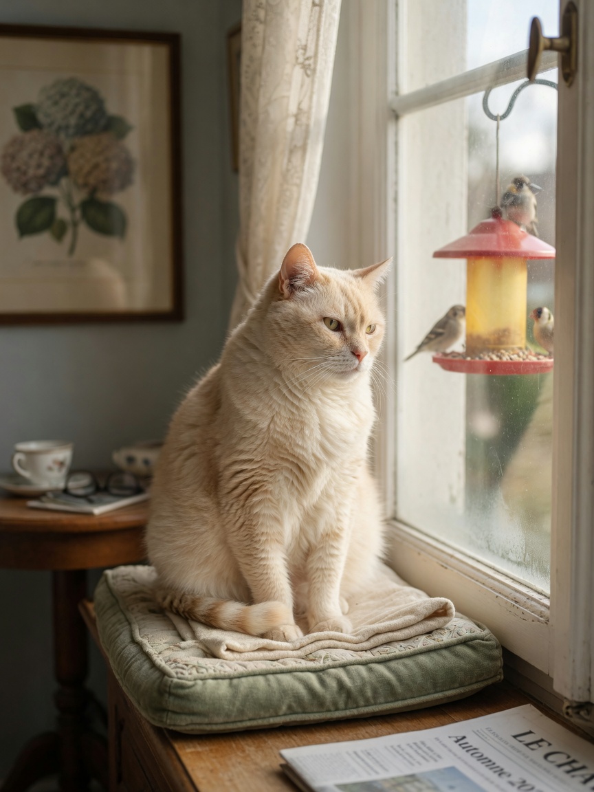 Senior cat peacefully enjoying a favorite window perch, engaged with the view of birds outside