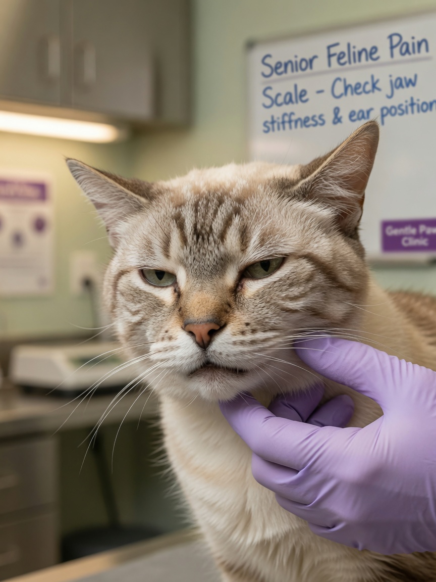 Close-up of a cat's face showing subtle pain signs during veterinary examination, with slightly squinted eyes and backward ears