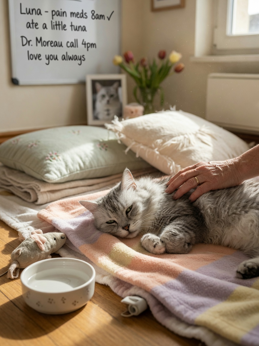 An elderly cat resting peacefully on a soft blanket with comfort items nearby and gentle hand care in warm home lighting