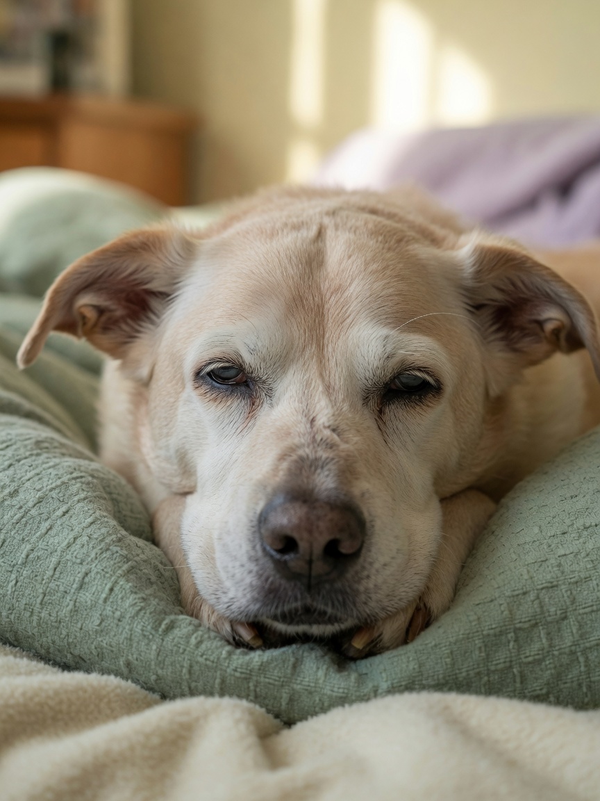 Close-up of an elderly dog's face showing subtle signs of discomfort including squinted eyes and pinned back ears while resting on soft bedding