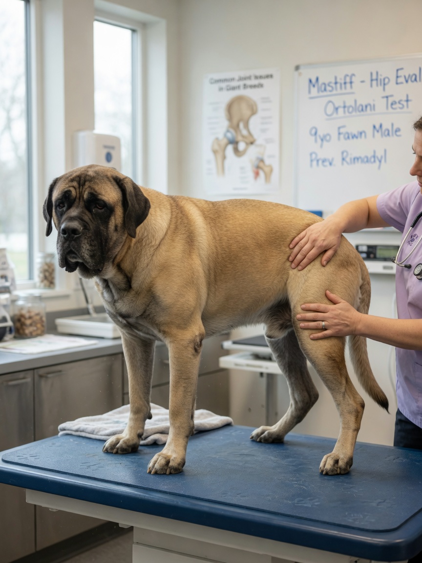 A veterinarian examining an English Mastiff's hip joint on an examination table to assess for dysplasia and osteoarthritis.
