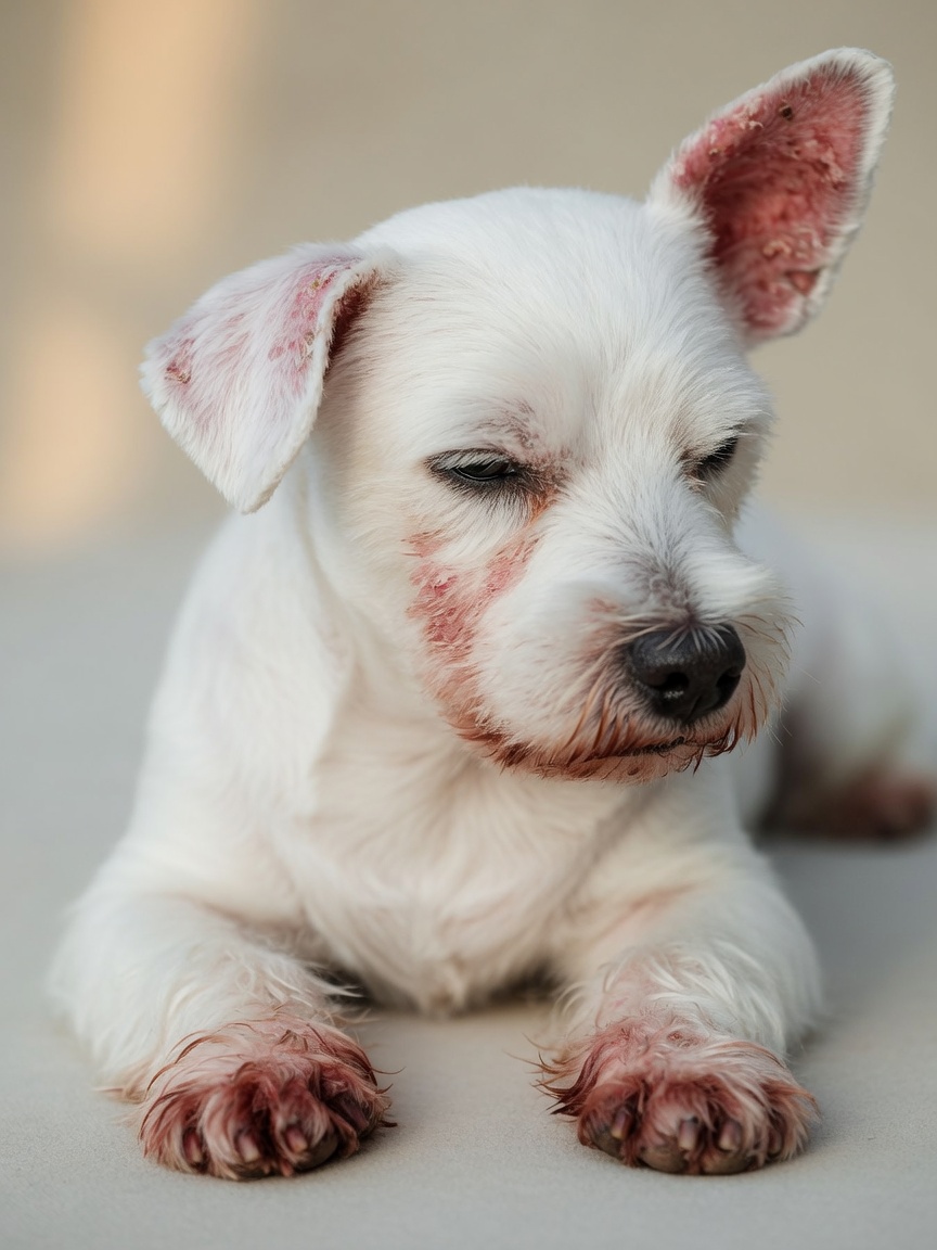 West Highland White Terrier displaying typical symptoms of canine atopy including red inflamed ears, paws with saliva staining, and facial skin irritation