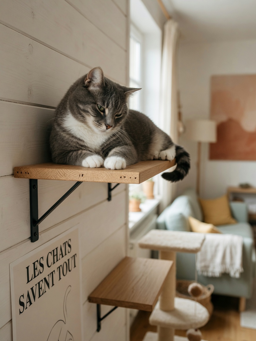 Een grijs-witte kat rust vreedzaam op een verhoogde aan de muur bevestigde plank, wat veilige hoge rustplaatsen demonstreert