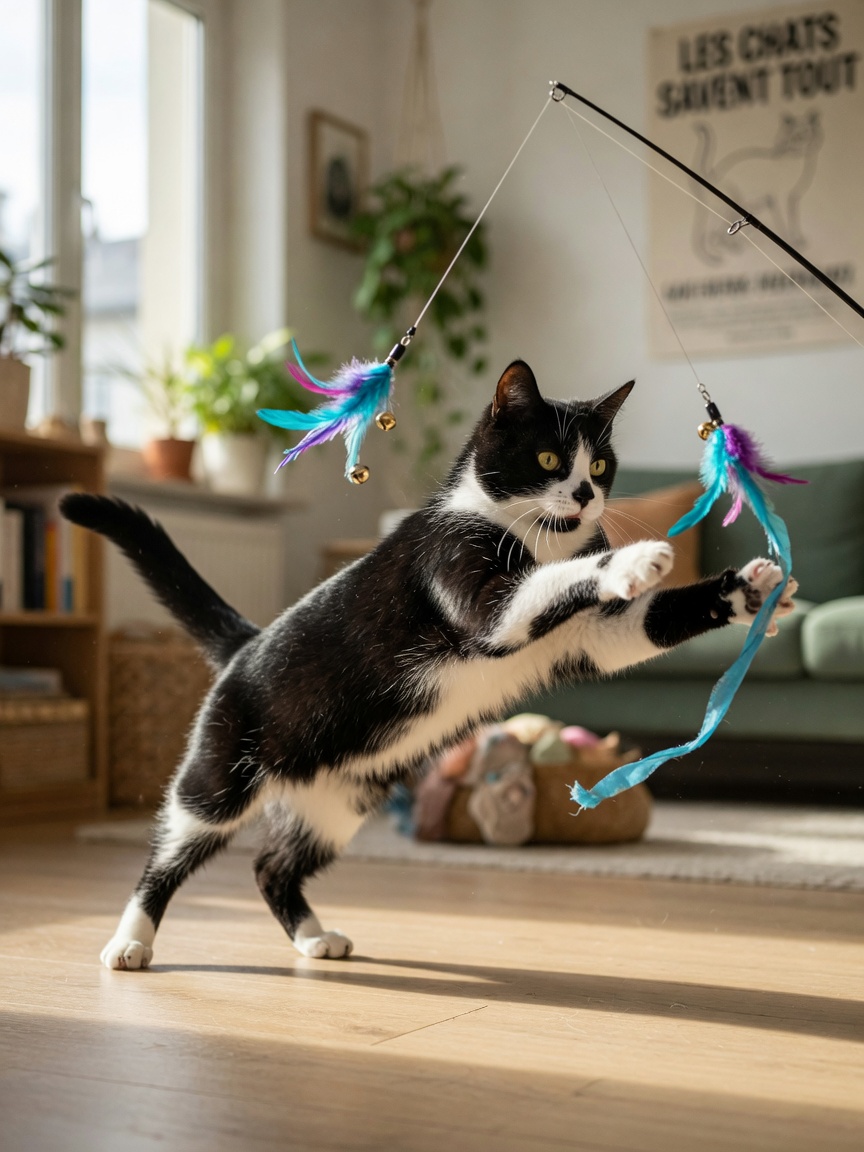Een zwart-witte kat springt actief op een hengelspeeltje, wat interactieve predatoire spel-verrijking demonstreert