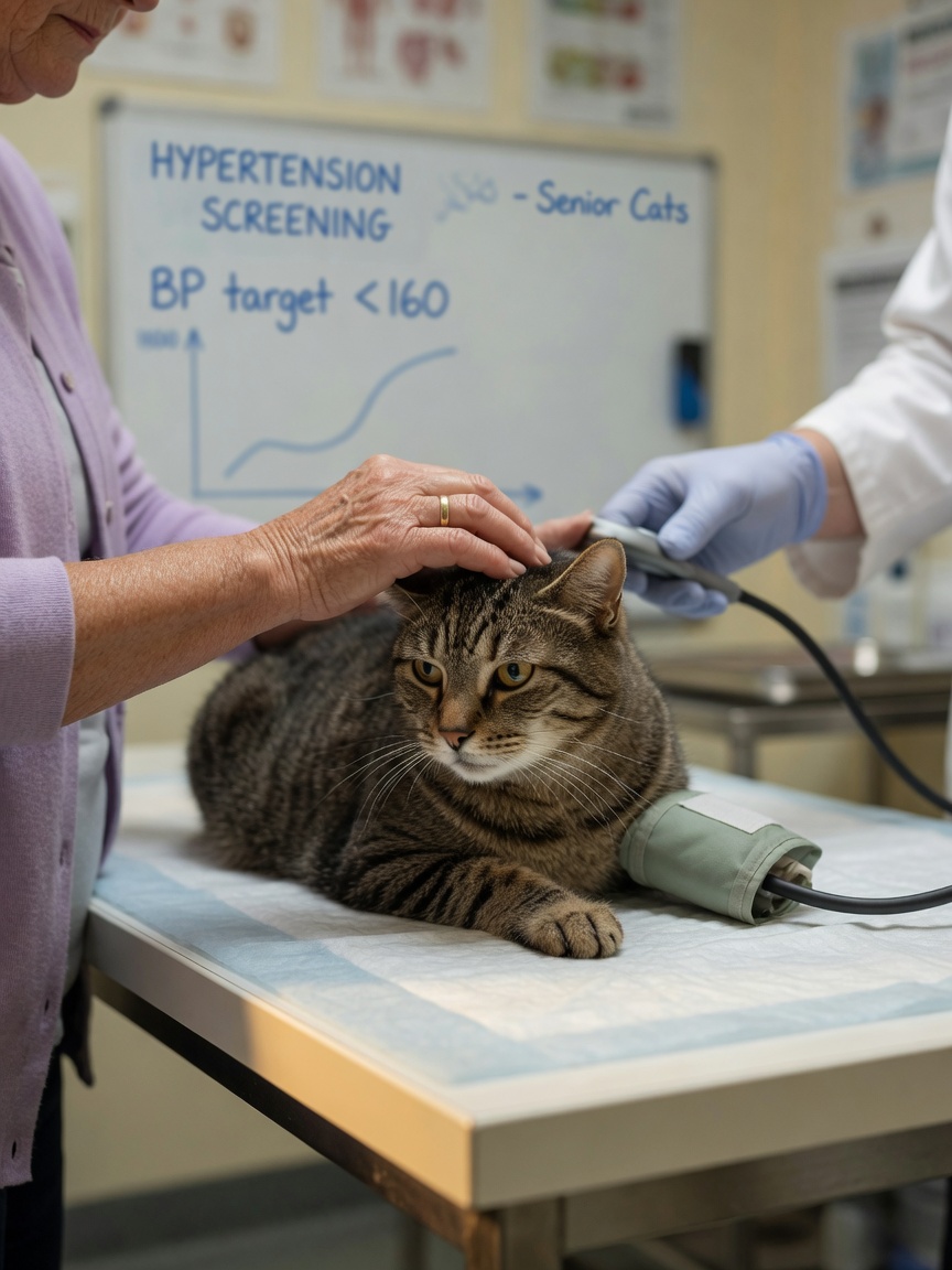 Veterinarian measuring a cat's blood pressure during a clinical examination, with owner present