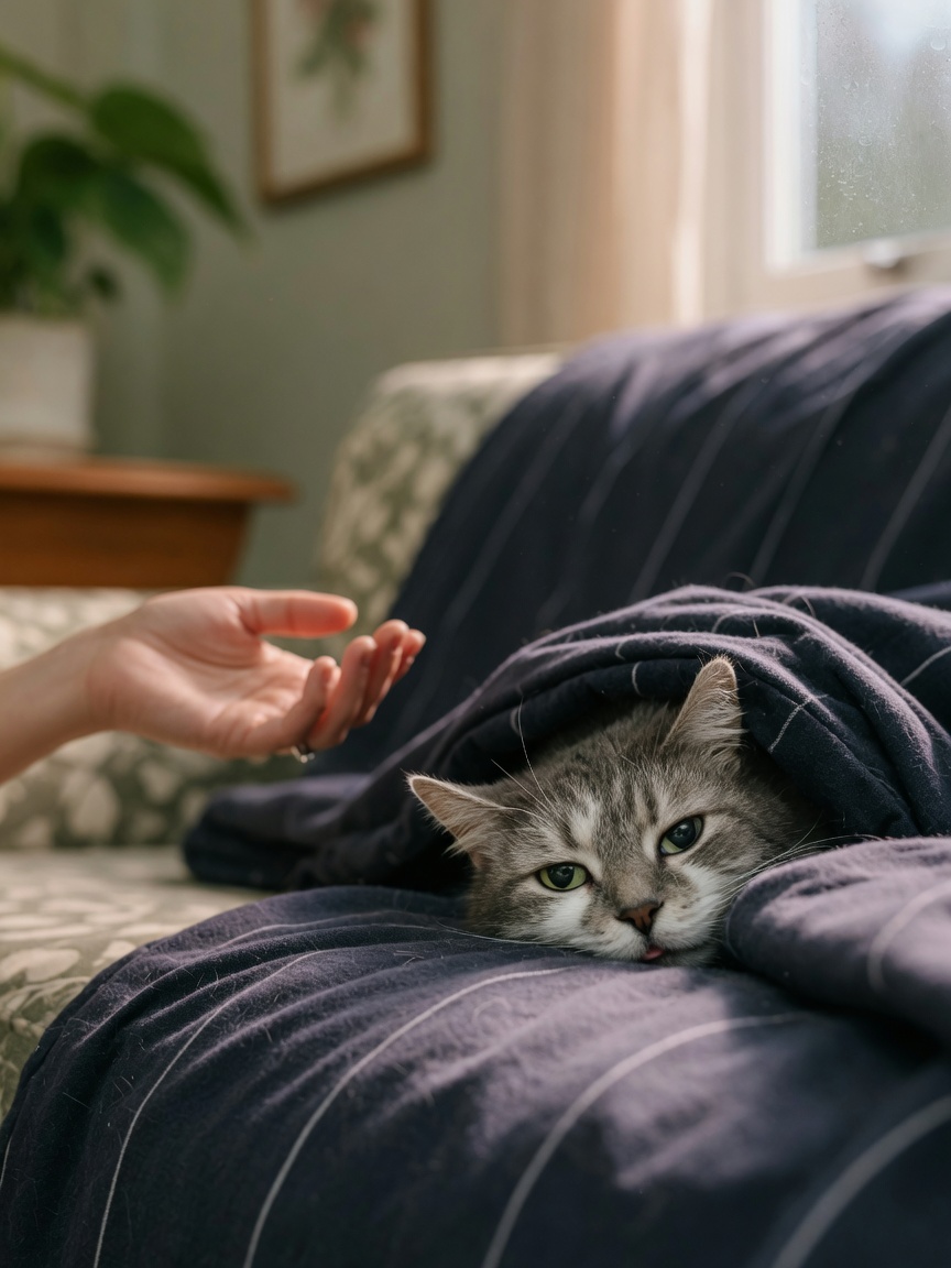 A disoriented cat hiding under a blanket in the post-ictal phase following a seizure