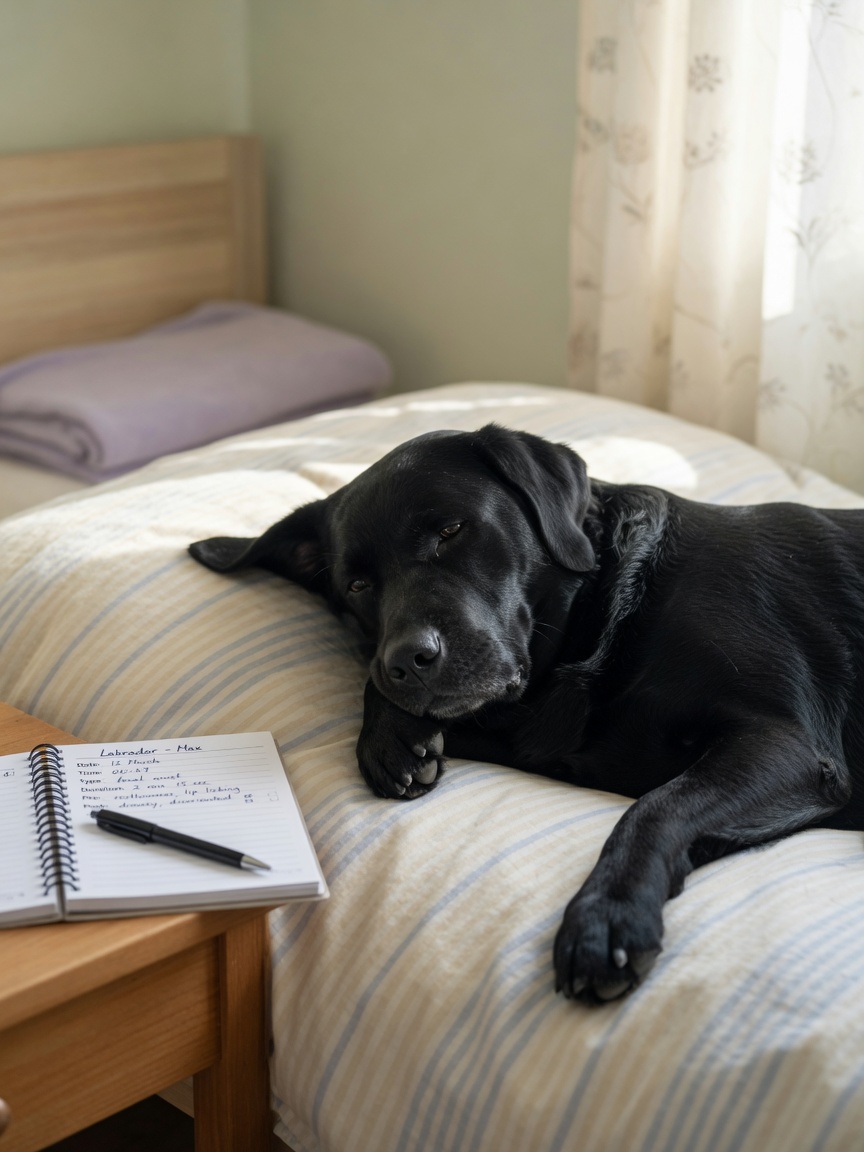 Black Labrador on a bed during sleep transition with seizure diary notebook on nightstand