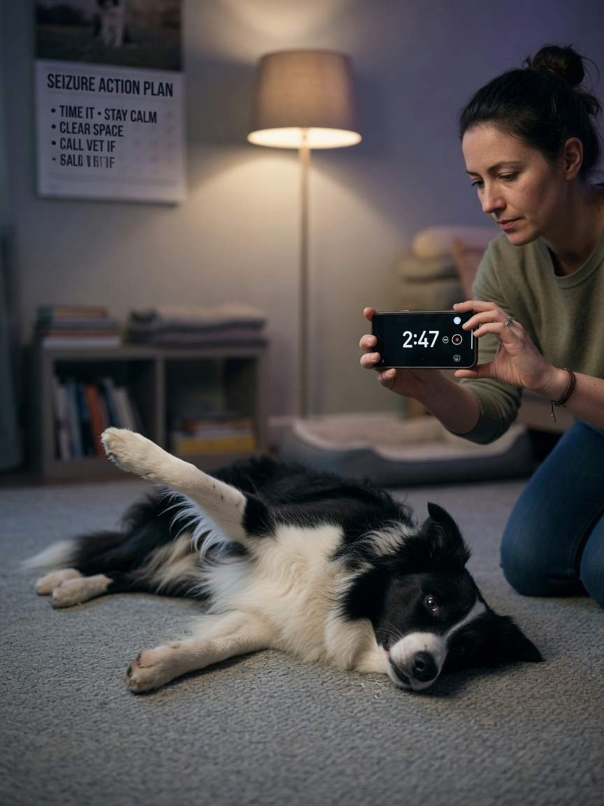 Dog owner timing a seizure with smartphone while staying calm and present nearby