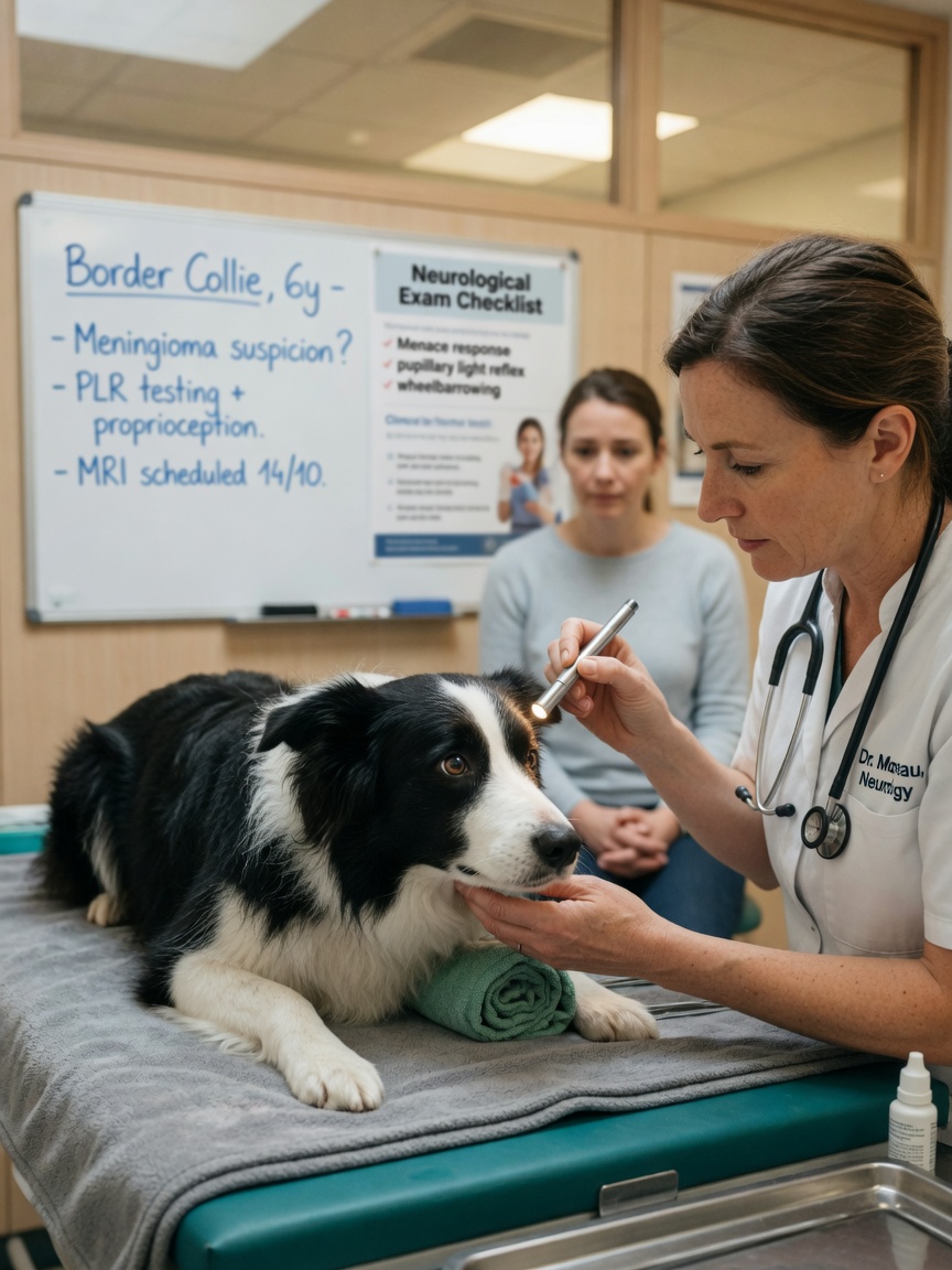 Veterinary neurologist performing neurological examination on Border Collie with penlight during epilepsy diagnosis