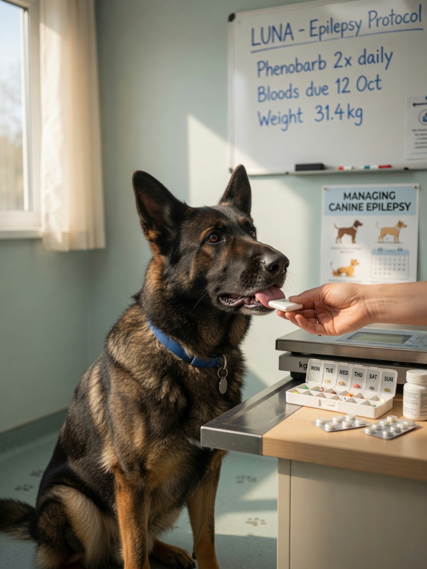 German Shepherd receiving daily epilepsy medication from owner's hand in clinic room with pill organizer on counter