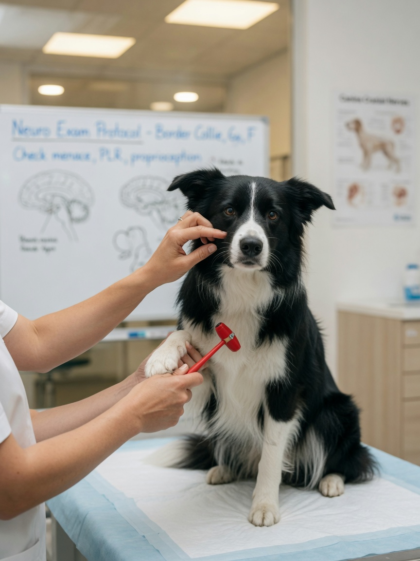 Veterinary neurologist performing neurological examination on a Border Collie in a bright clinic