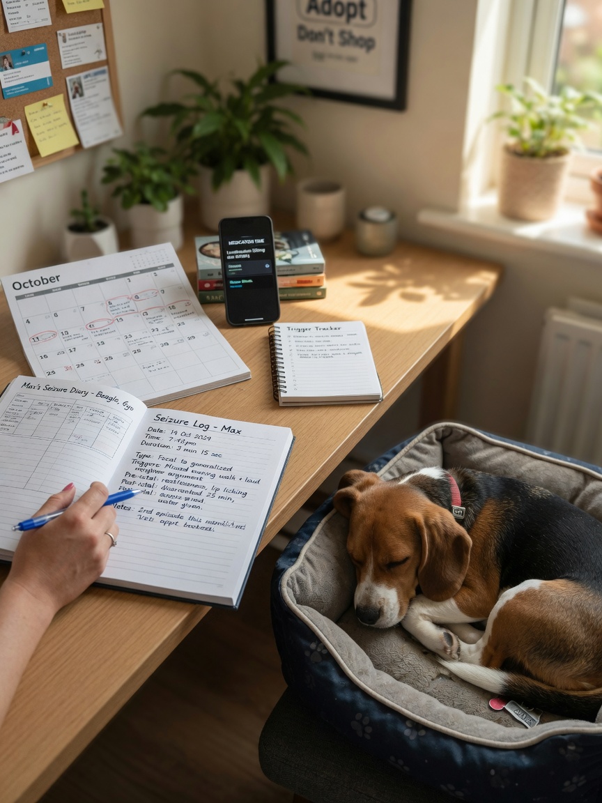 Owner recording seizure details in a handwritten diary with an epileptic Beagle resting nearby at home