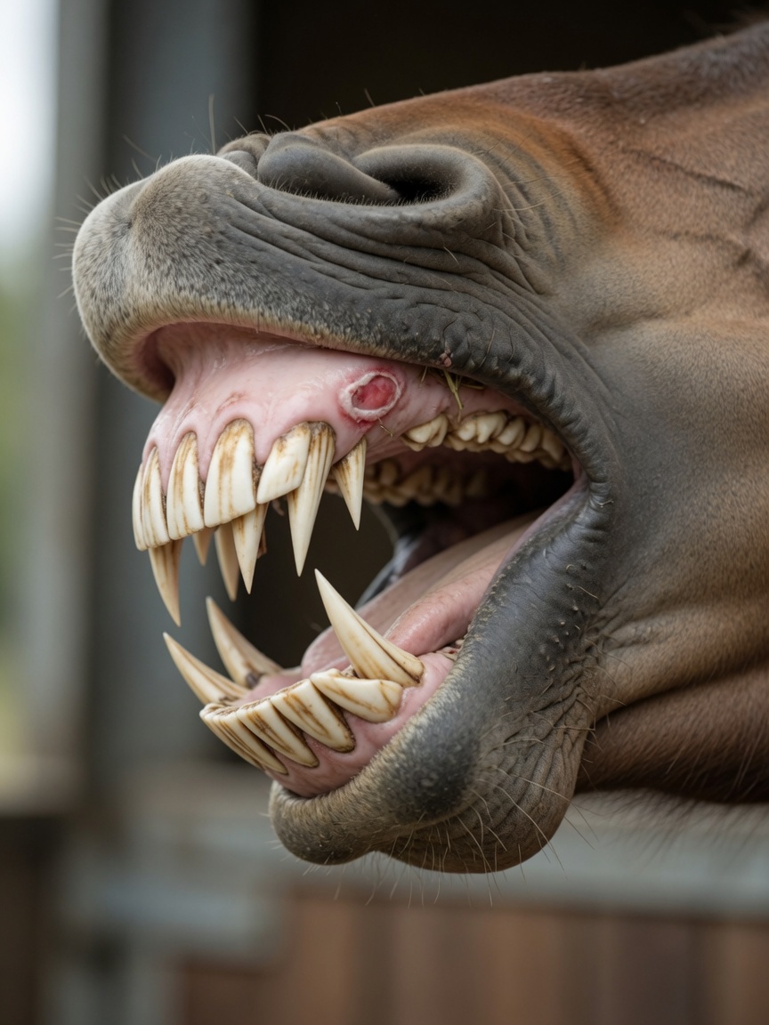 Close-up of horse's mouth showing sharp enamel points on cheek teeth causing oral ulceration