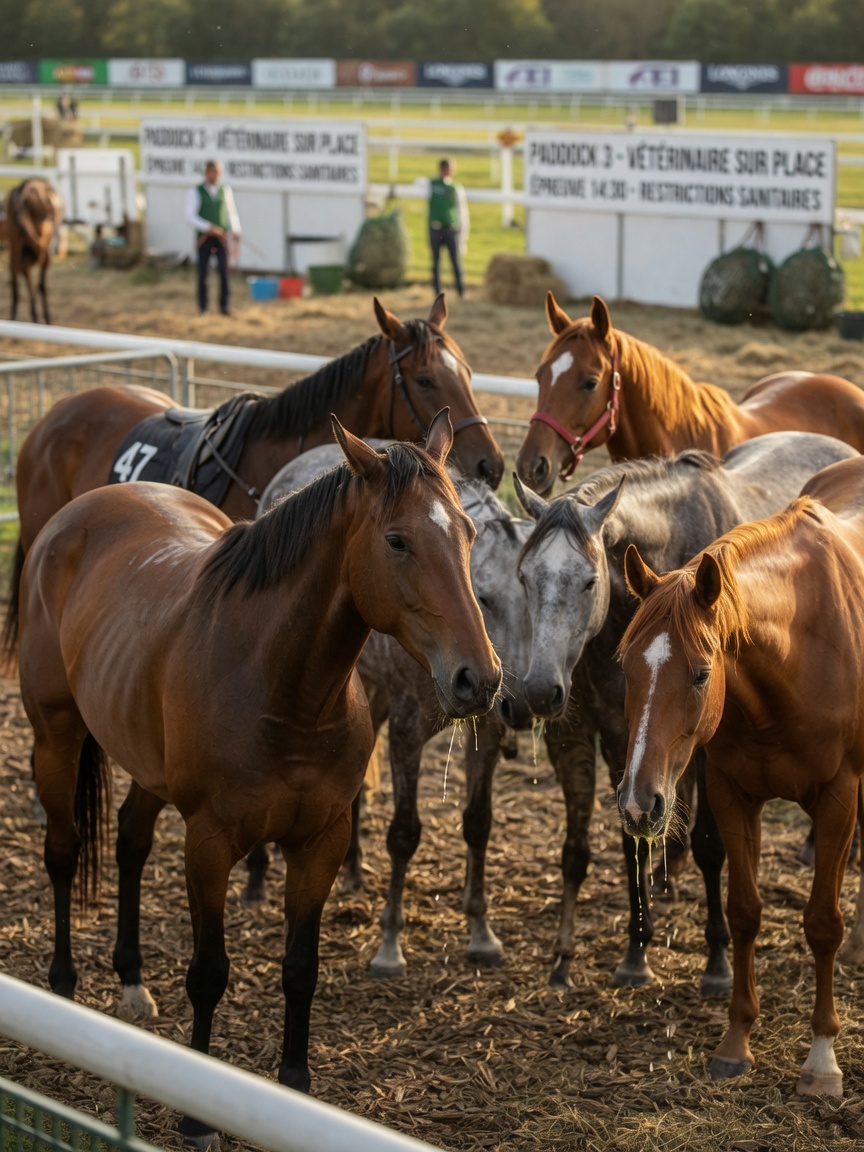 Horses standing closely together in crowded competition venue, one showing nasal discharge and lethargy