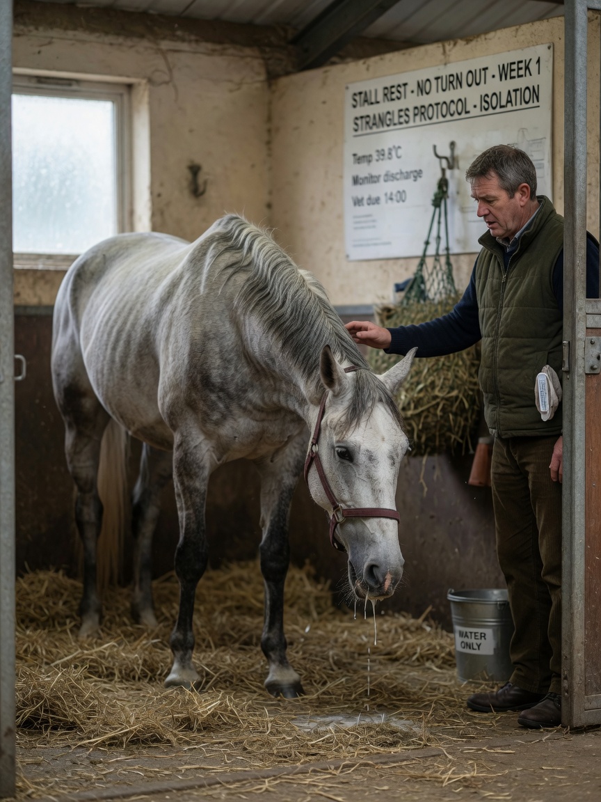 Unwell gray horse in stable with lowered head, nasal discharge, and lethargy, groom standing nearby with concern