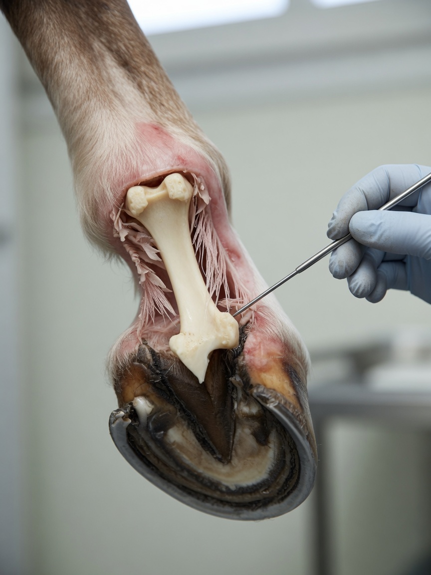 Querschnitt eines Pferdehufes mit Hufbein und Blättchengewebe, wobei eine tierärztliche Hand das von Hufrehe betroffene Gebiet zeigt