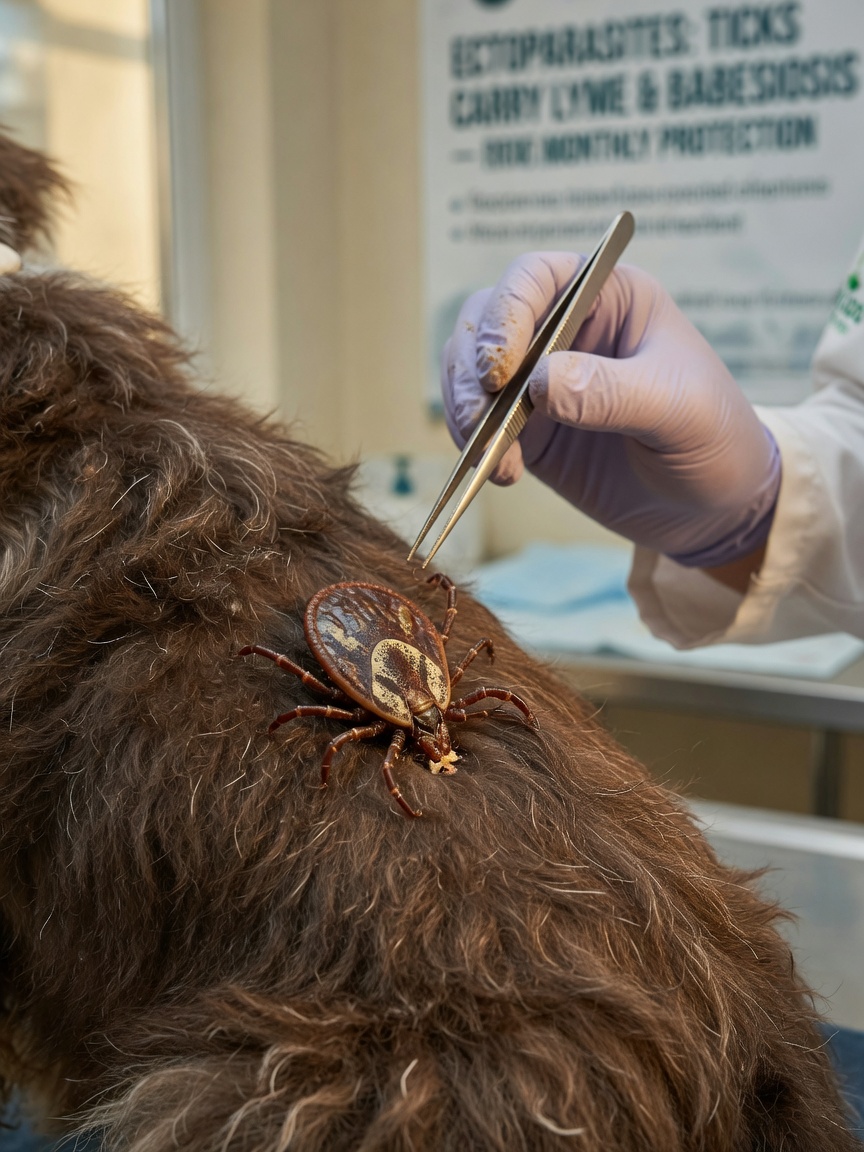 Macro close-up of a tick on a dog's fur with veterinary tweezers nearby for removal
