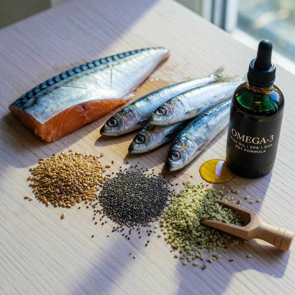 Overhead flat lay of omega-3 rich foods including fish, flaxseed, chia, and fish oil supplement on wooden surface