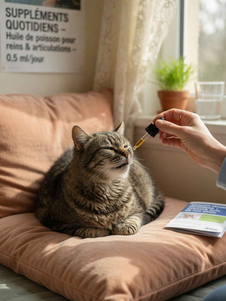 Senior tabby cat receiving fish oil supplement from owner's hand during therapeutic care moment