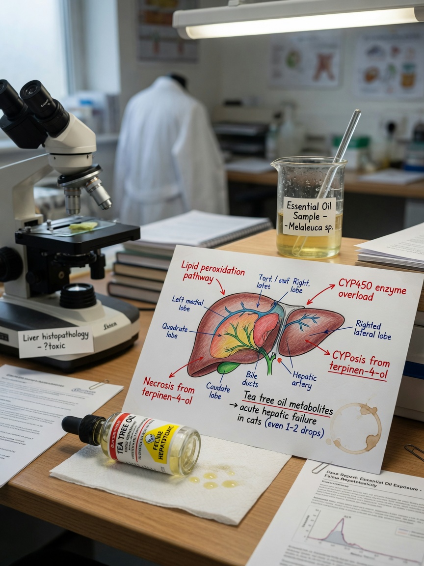 Veterinary toxicologist's desk with microscope, liver diagram, and essential oil bottle illustrating feline biochemical vulnerability