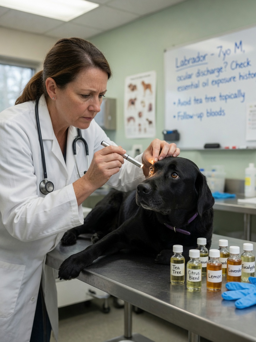 Veterinarian examining a black labrador during a toxic exposure consultation with essential oil bottles visible nearby