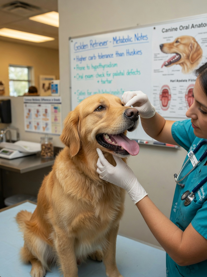 Veterinarian examining a golden retriever's mouth during a clinical examination