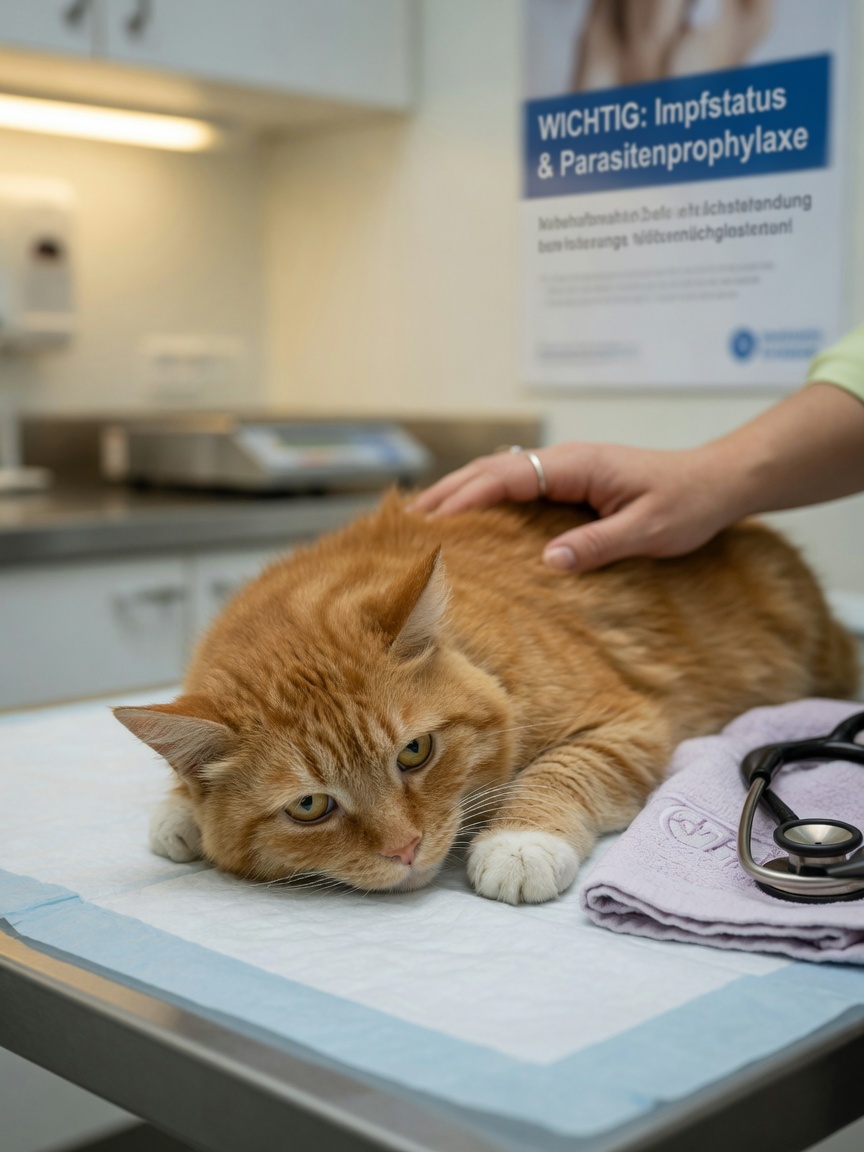 Sick ginger cat lying on a vet table looking lethargic with owner's reassuring hand nearby