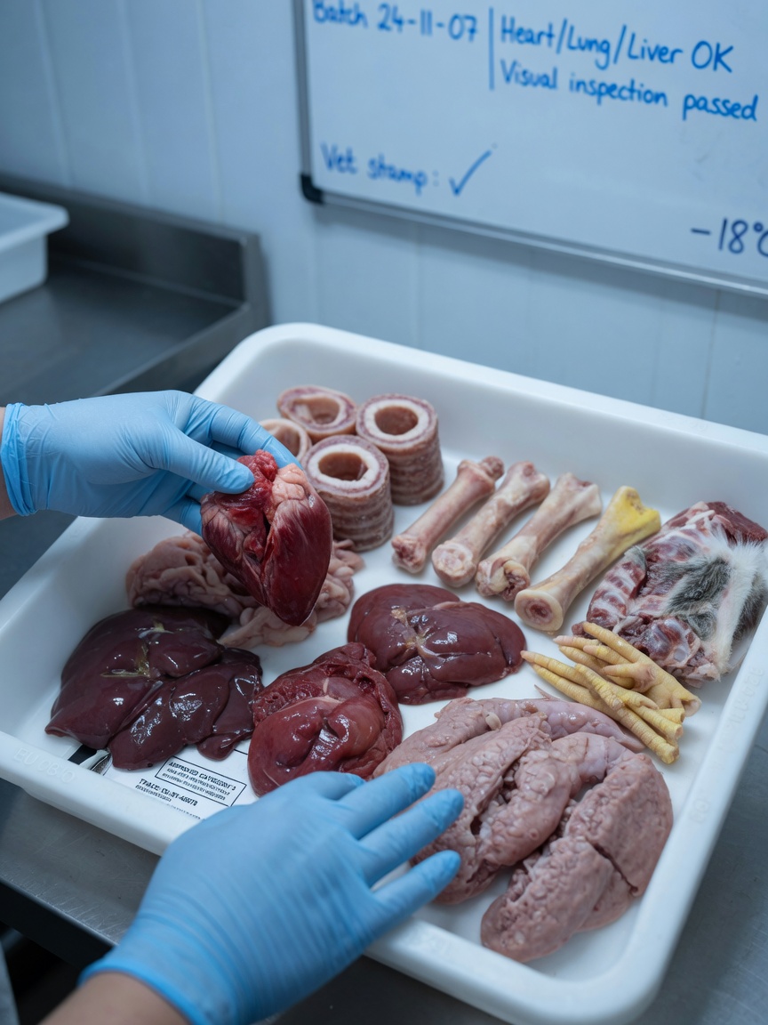 Approved Category 3 animal by-products for raw pet food, including meat cuts, organs, and bones in a professional food preparation facility with gloved hands