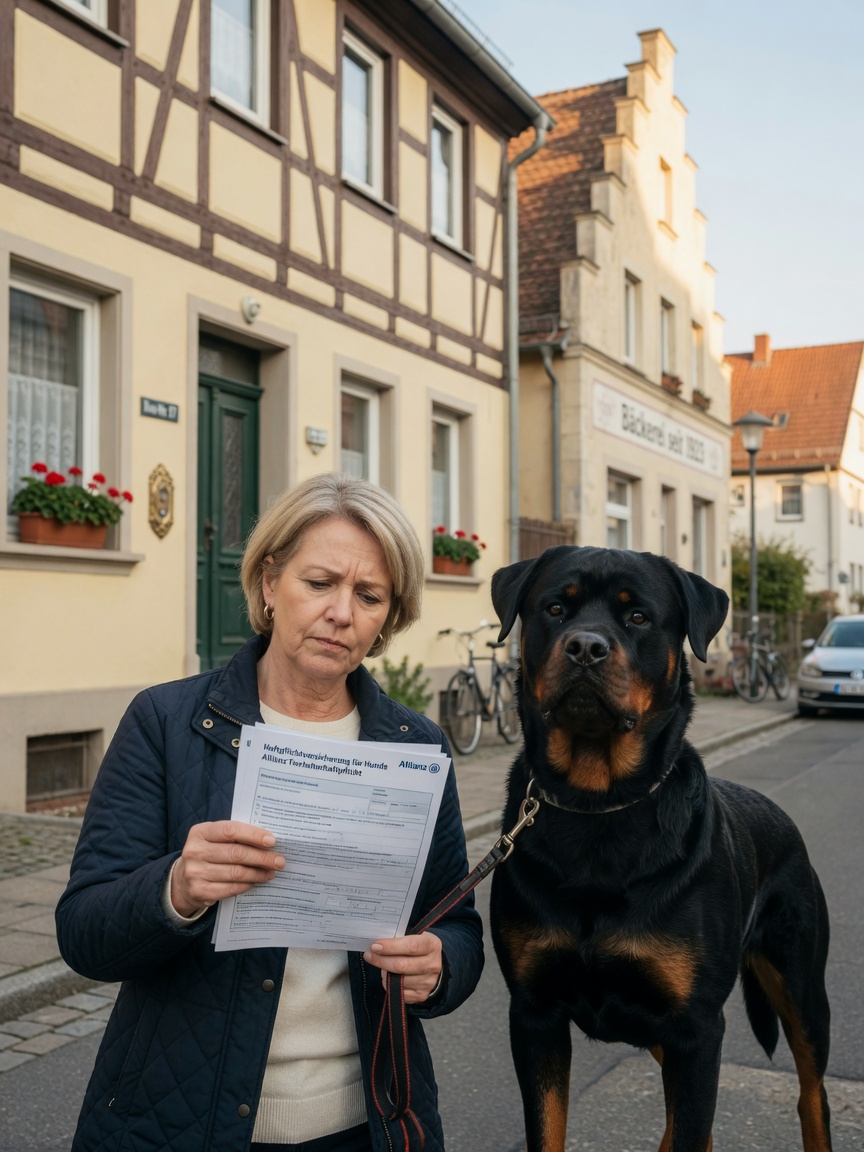 Propriétaire de chien allemand avec Rottweiler examinant les documents d'assurance pour animaux de compagnie dans un quartier résidentiel