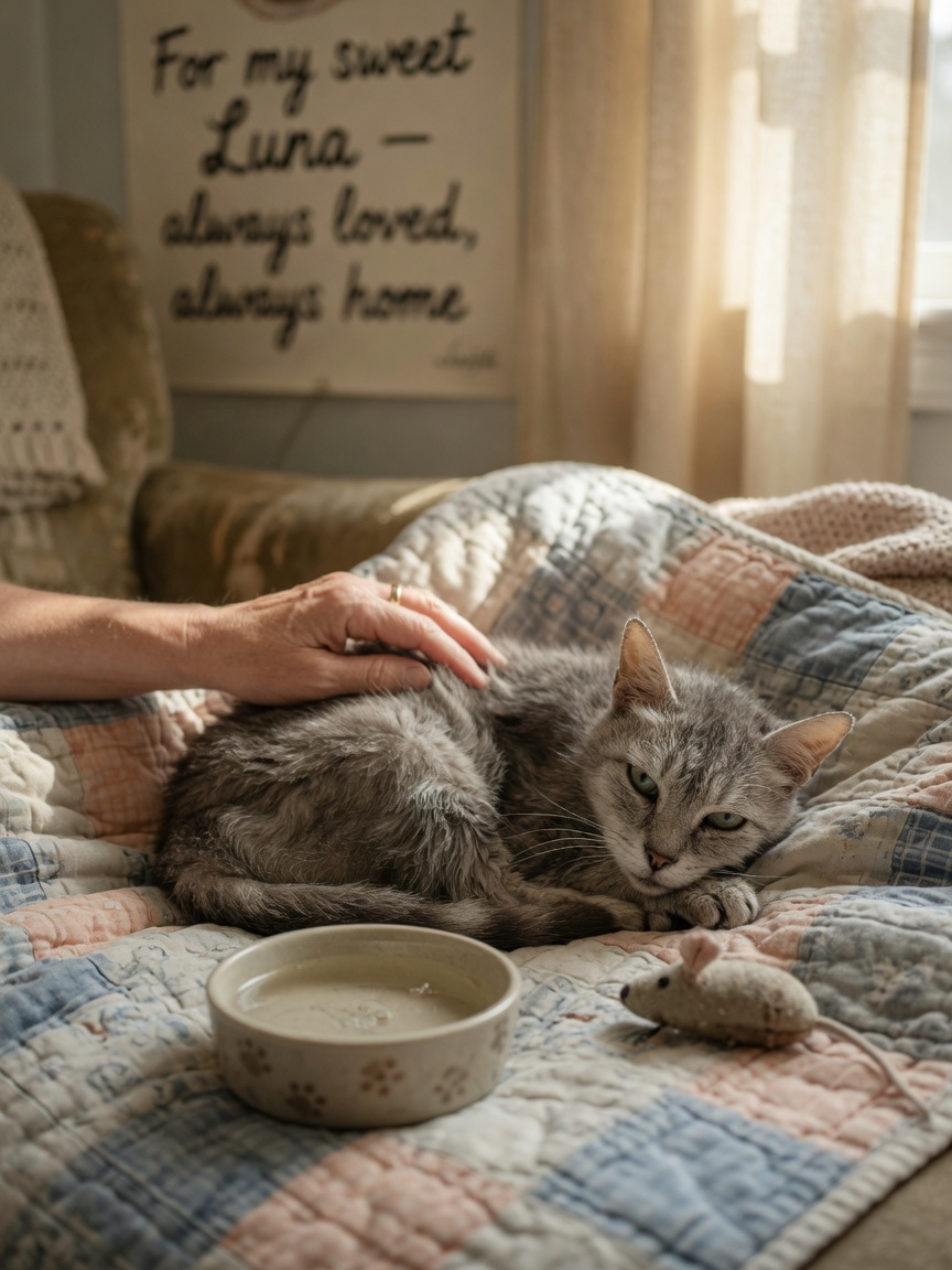 Elderly cat resting on a blanket with owner's comforting presence nearby, in soft natural light