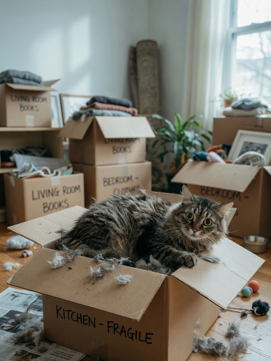 Stressed tabby cat in a moving box surrounded by packing materials showing signs of stress-related shedding