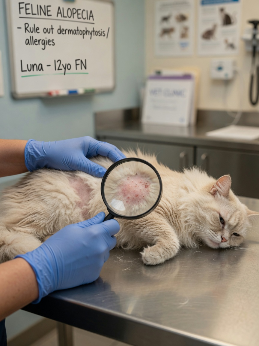 Veterinarian examining a cat's skin with hair loss using magnifying lens to check for parasites or dermatological conditions