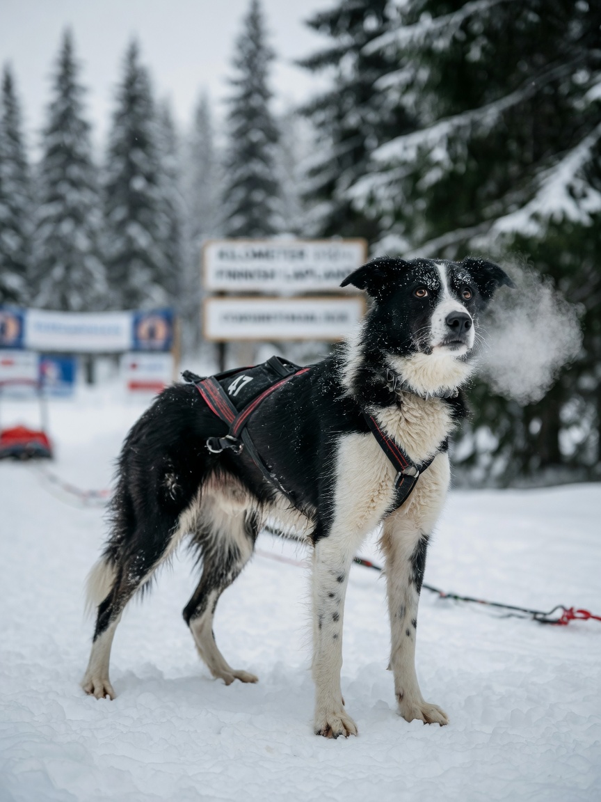 Fatigued sled dog in snow showing muscle trembling and stiffness during endurance race