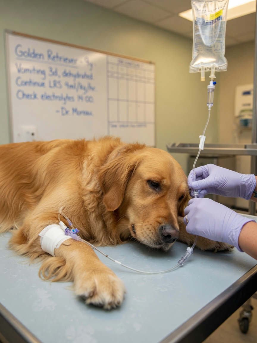 Veterinarian administering intravenous fluid therapy to golden retriever for rhabdomyolysis treatment