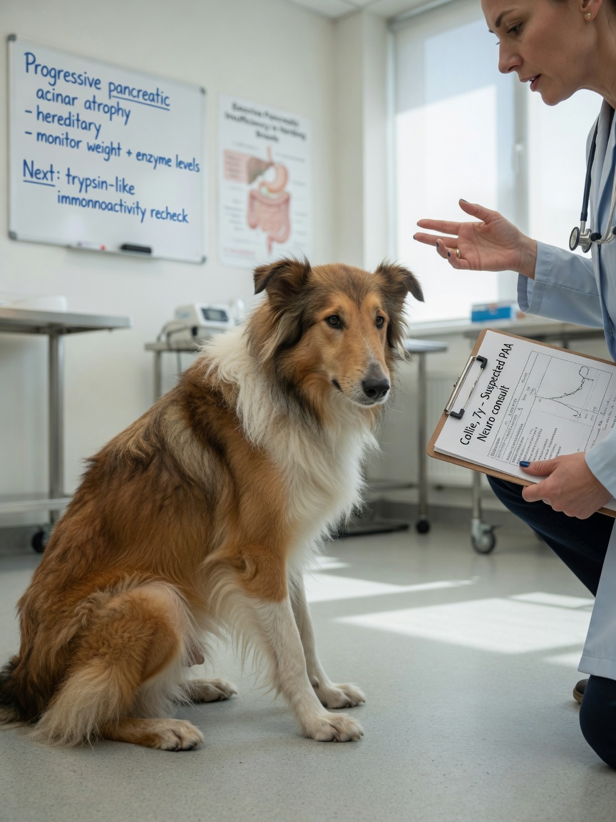 A thin Rough Collie with dull coat being discussed by a veterinarian during a hereditary disease consultation