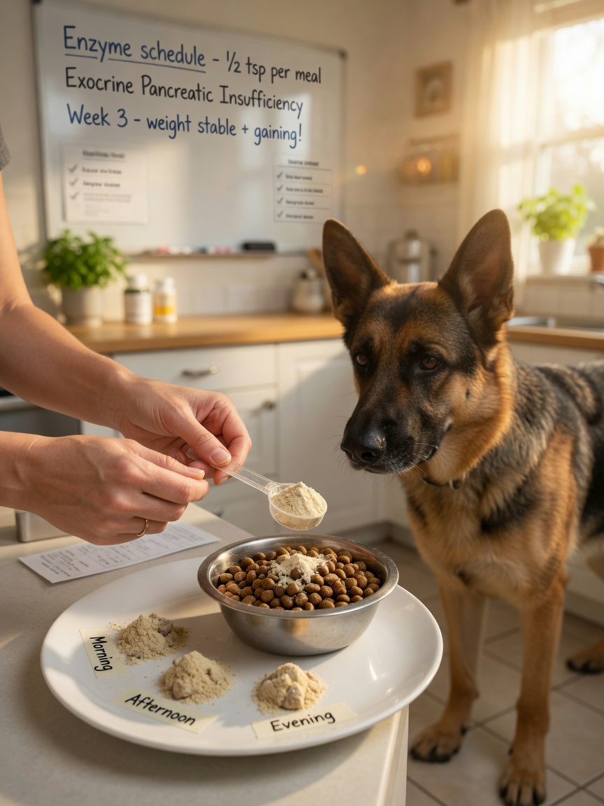 Dog owner mixing powdered enzyme supplement into food for a thin dog, illustrating daily enzyme replacement therapy management
