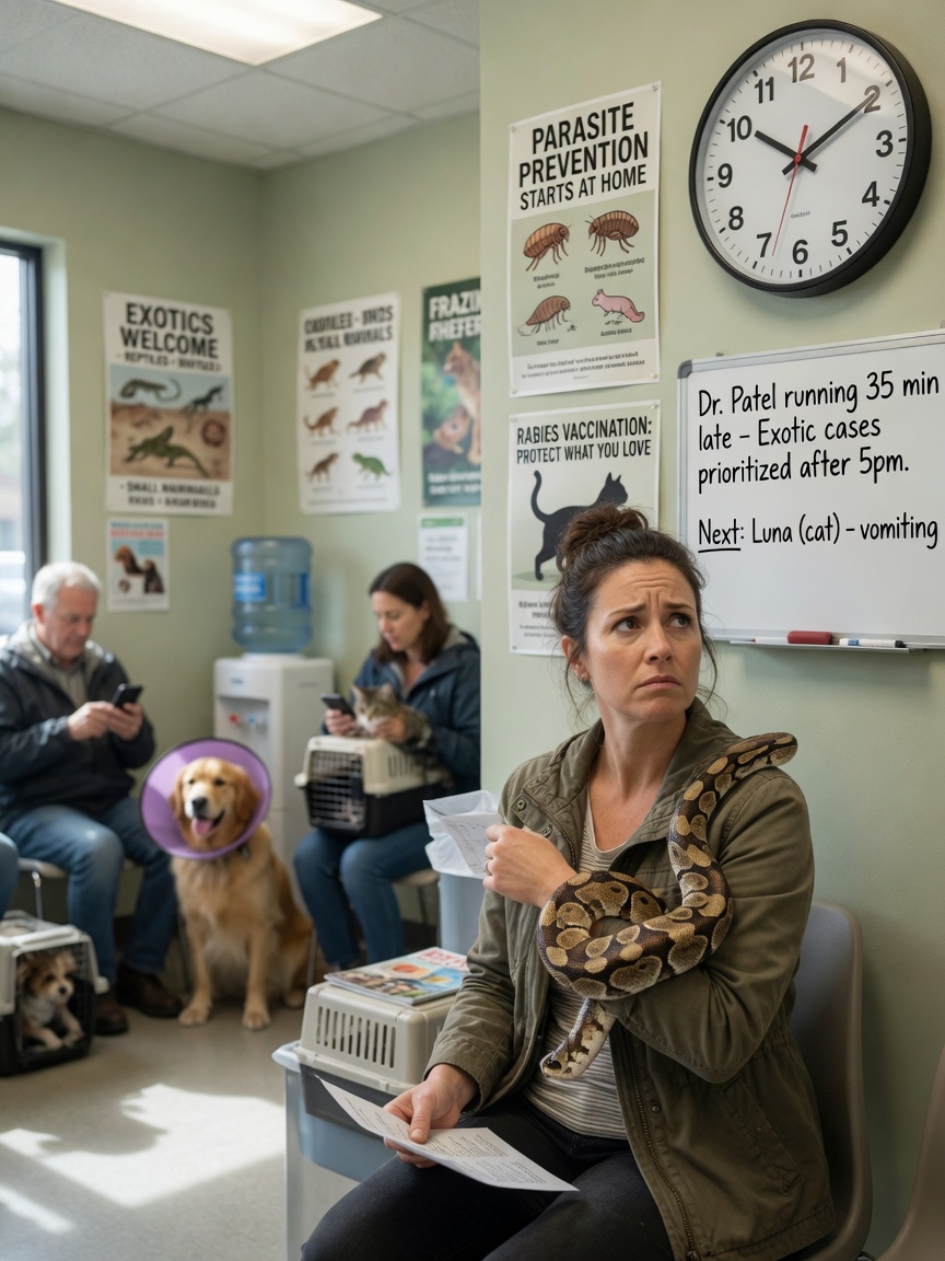 Proprietario con un pitone a palla in attesa ansiosa in una clinica veterinaria generale progettata principalmente per cani e gatti