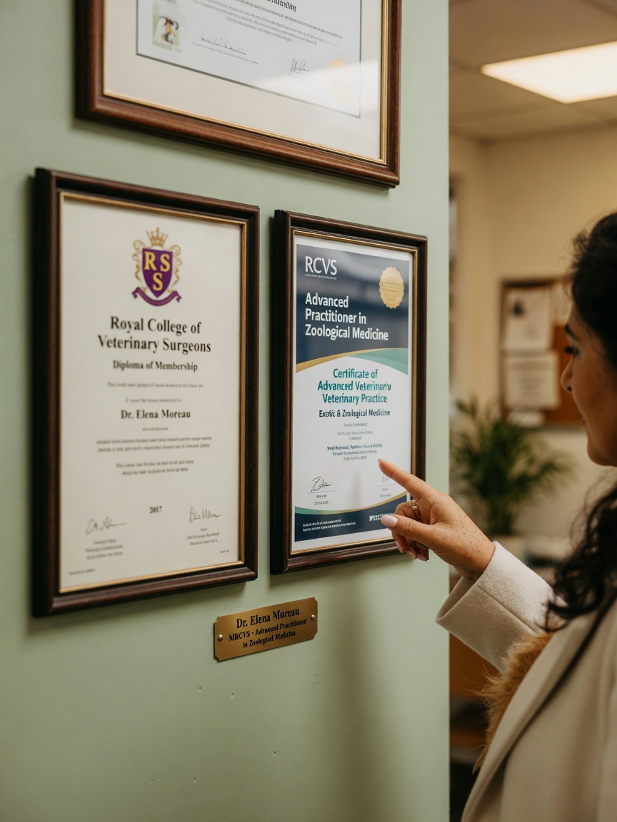 Primo piano delle credenziali professionali e certificazioni veterinarie esposte su un muro della clinica che mostrano qualifiche RCVS e medicina esotica