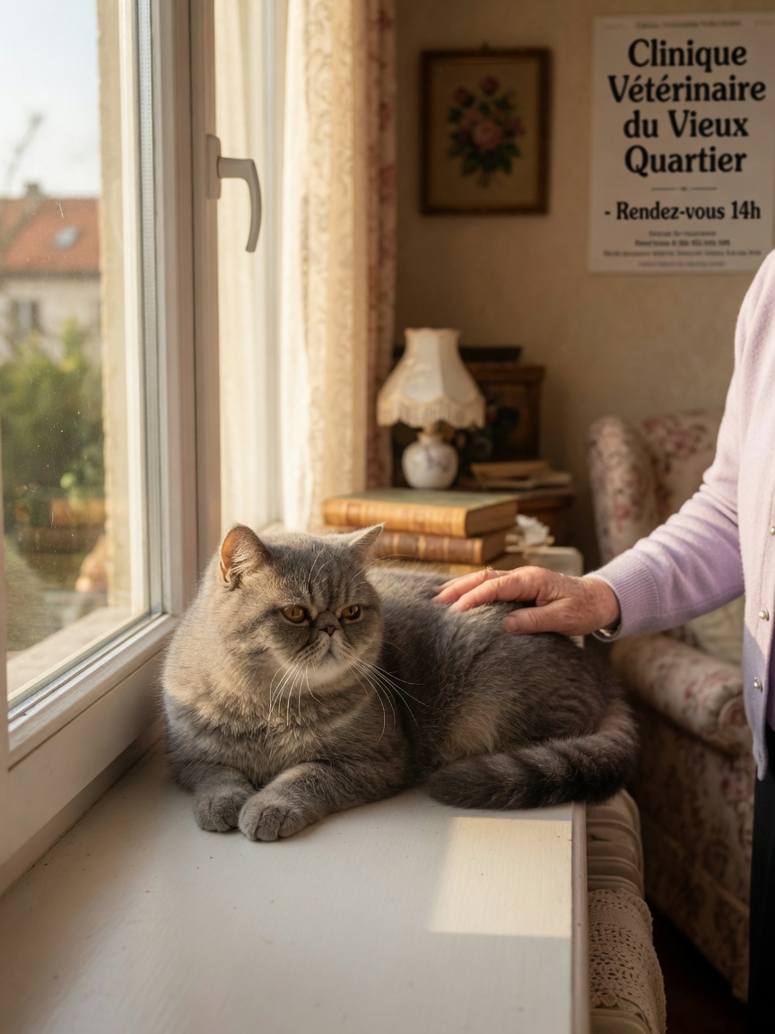 An elderly owner's hand gently resting on a calm Exotic Shorthair cat with plush grey coat as the cat sits peacefully on a sunlit window sill