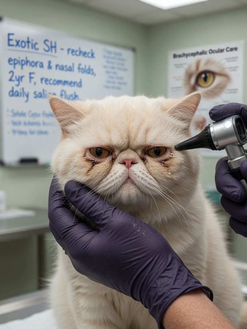 A veterinarian examining the flat face and eyes of an Exotic Shorthair cat showing characteristic breed features and eye staining during a health check